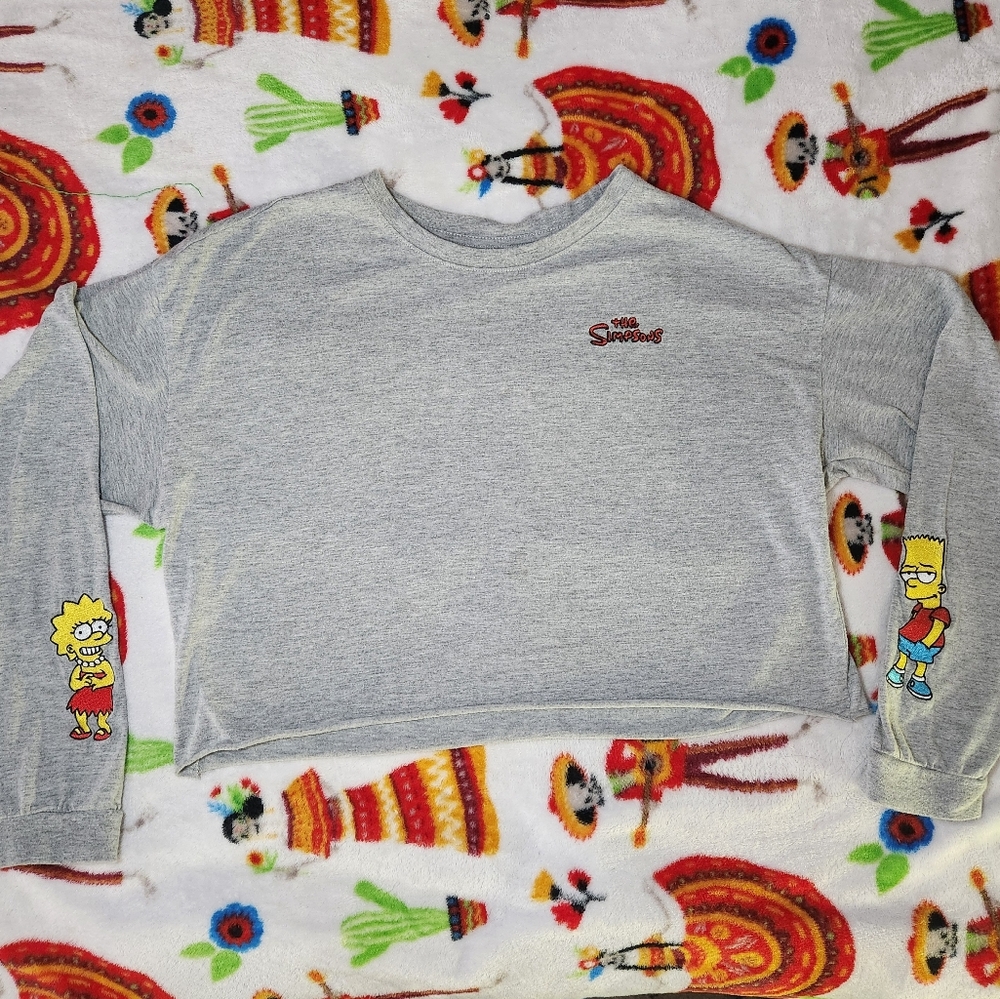 The Simpsons Grey Cropped Sweatshirt with Lisa & Bart Sleeve Art